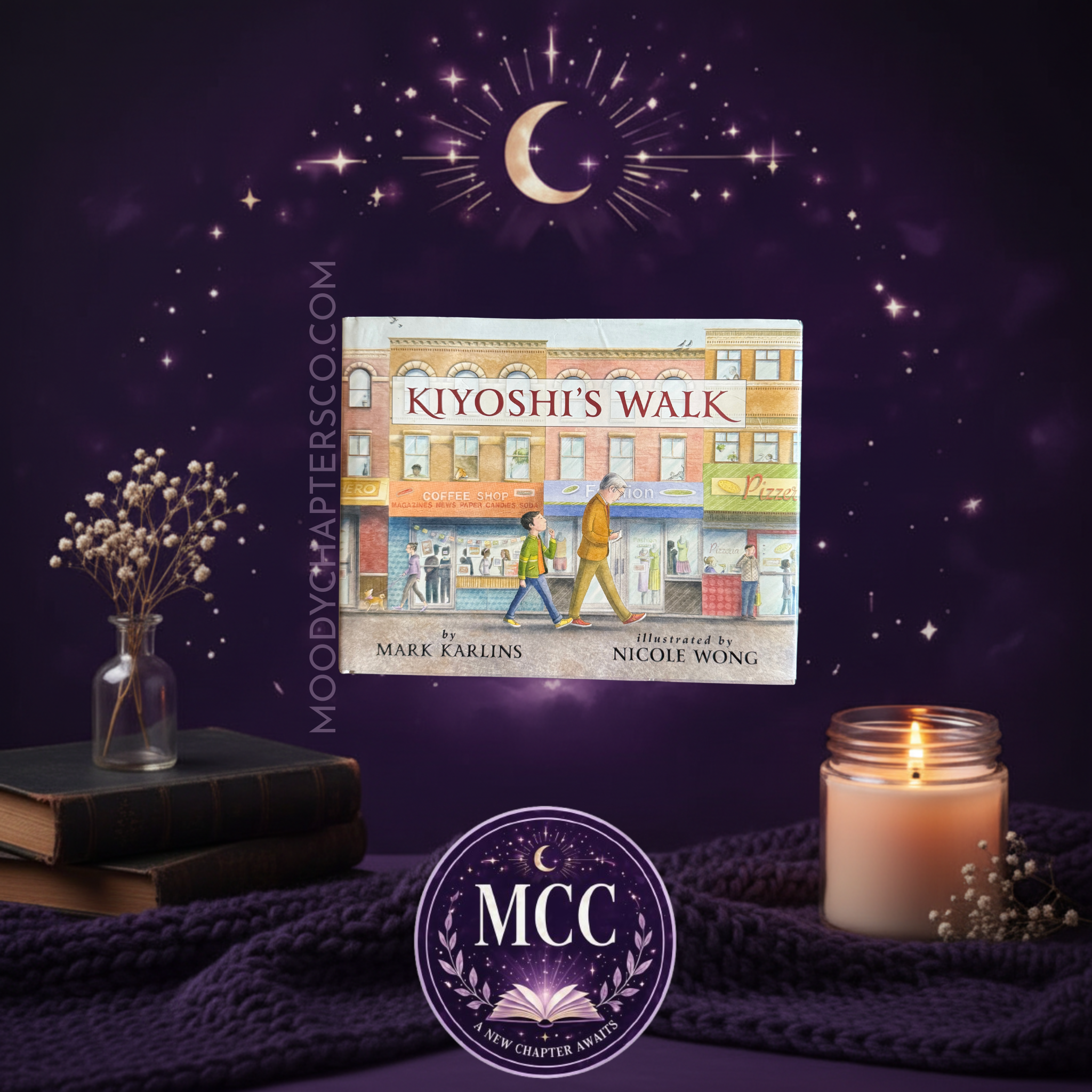 Book titled 'Kiyoshi's Walk' by: Mark Karlins Illustrated by: Nicole Wong 
MMC- Moody Chapters Co.
www.moodychaptersco.com